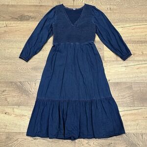 Old Navy Denim Midi Dress Size Large Boho Smocked Prairie Tiered Long Sleeve